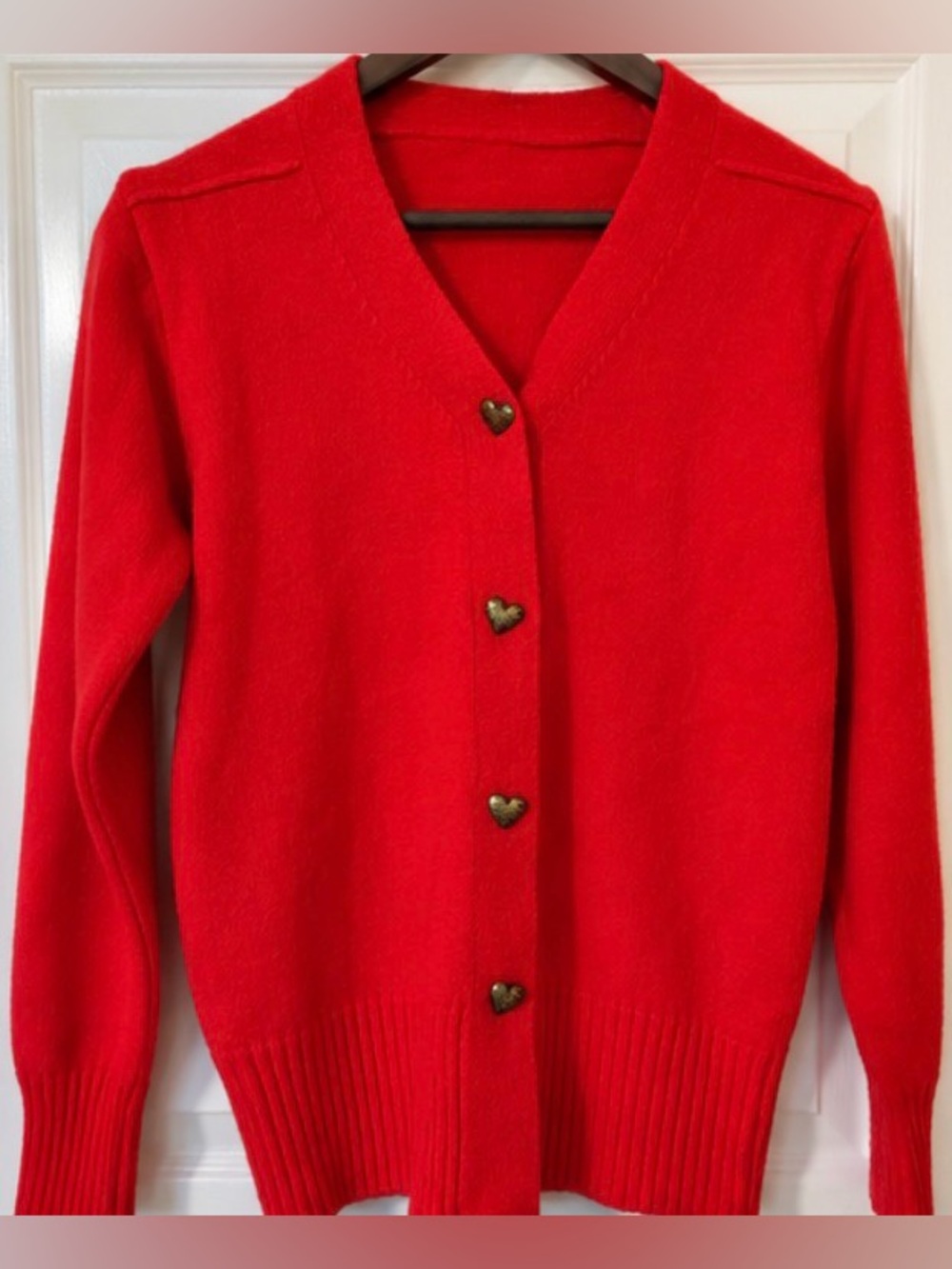 Bright Red Super Soft Heart Cardigan Gold Heart Buttons Vintage Inspired